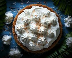 coconut cream pie on a blue table with coconut leaves and white flowers banco de imagens generative ai photo