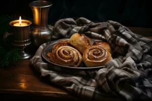 cinnamon rolls on a plate next to a candle generative ai photo