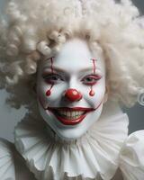close up portrait of a woman with clown makeup on her face generative ai photo