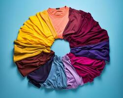 colorful clothes arranged in a circle on a blue background generative ai photo