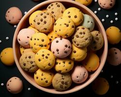 colorful cookies in a bowl on a black background generative ai photo