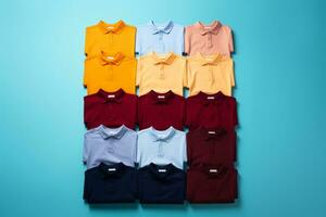 colorful polo shirts arranged in rows on a blue background generative ai photo