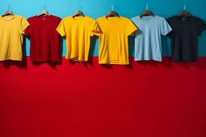 vistoso camisetas colgando en perchas en contra un azul y rojo pared generativo ai foto