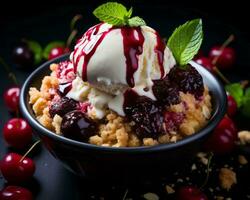 postre con hielo crema y cerezas en un negro antecedentes generativo ai foto