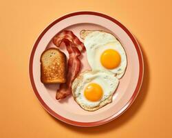 eggs bacon and toast on a plate on an orange background generative ai photo