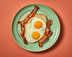 eggs and bacon on toast on a green plate generative ai photo