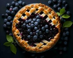 fresh blueberry pie on a dark background stock photo generative ai