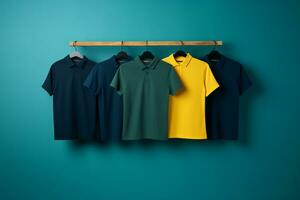 cuatro polo camisas colgando en un estante en contra un azul pared generativo ai foto