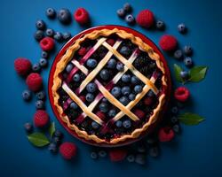 fresh blueberry and blackberry pie with lattice on blue background generative ai photo