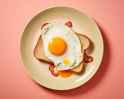 fried egg and bacon on toast on a plate on a pink background generative ai photo