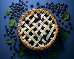 fresh blueberry pie with lattice on a blue background stock photo generative ai