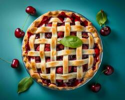 fresh cherry pie with lattice on blue background top view generative ai photo