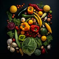 fresh fruits and vegetables arranged in a circle on a black background generative ai photo