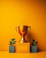 gold trophy with plants on an orange background 3d rendering generative ai photo