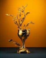 golden goblet with water splashing out of it on an orange background generative ai photo