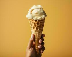 hand holding an ice cream cone on a yellow background generative ai photo