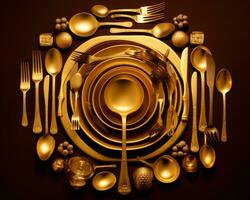 golden plates and cutlery arranged in a circle on a dark background generative ai photo