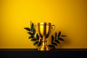 golden trophy on a yellow background with green leaves generative ai photo
