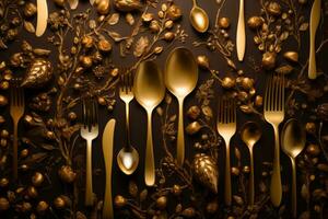 golden forks and spoons on a dark background generative ai photo