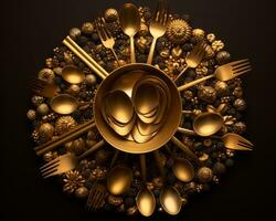 golden spoons and forks arranged in a circle on a black background generative ai photo