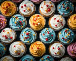 many colorful cupcakes are arranged in a pattern generative ai photo