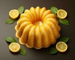 lemon jello cake with lemon slices and mint leaves generative ai photo