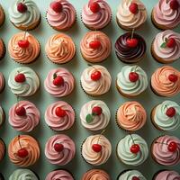 many cupcakes are arranged in a pattern with cherries on top generative ai photo