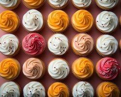 many cupcakes are arranged in a pattern on a pink background generative ai photo