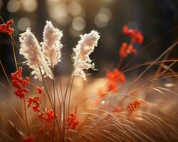 pampas grass and red flowers in the sun generative ai photo