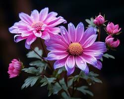 pink and purple flowers on a dark background generative ai photo