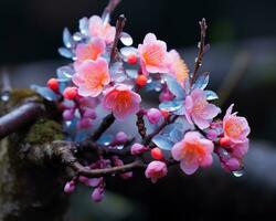 pink flowers on a branch with water droplets on it generative ai photo