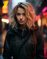 portrait of a beautiful blonde woman in the city at night generative ai photo