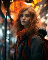 portrait of a beautiful red haired girl in a subway station at night with neon lights in the background generative ai photo