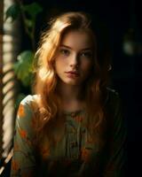 portrait of a beautiful red haired girl by the window generative ai photo