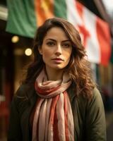 portrait of a beautiful irish woman in front of irish flag generative ai photo