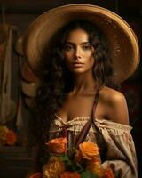 retrato de un hermosa mexicano mujer participación un ramo de flores de flores generativo ai foto