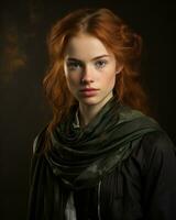 portrait of a beautiful red haired girl with a green scarf on a black background generative ai photo