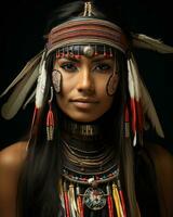 portrait of a beautiful native american woman with feathers and headdress on black background generative ai photo