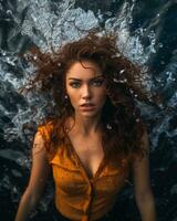 portrait of a beautiful redhead woman under water generative ai photo