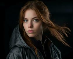 portrait of a beautiful redhead woman in a black jacket on a black background generative ai photo