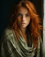 portrait of a beautiful redhead woman with blue eyes and freckles generative ai photo