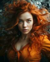 portrait of a beautiful redhead woman with long red hair generative ai photo