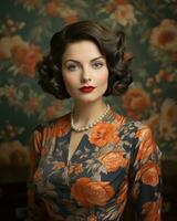 portrait of a beautiful woman in a floral dress and pearls in front of a floral wallpaper generative ai photo