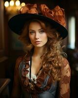 retrato de un hermosa mujer en un Clásico sombrero generativo ai foto