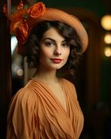 portrait of a beautiful woman wearing an orange hat generative ai photo