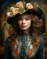 retrato de un hermosa mujer vistiendo un sombrero con flores generativo ai foto