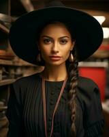 retrato de un hermosa joven mujer en un negro sombrero generativo ai foto