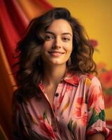 portrait of a beautiful young woman in a floral shirt on a colorful background generative ai photo