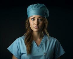 portrait of a beautiful young female nurse in blue scrub suit isolated on black background stock photo generative ai