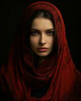 portrait of a beautiful young woman in a red shawl on a black background generative ai photo